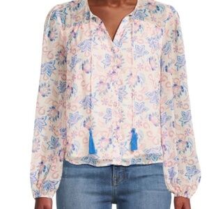 ALLISON NEW YORK Floral Tassel Keyhole Blouse Size Small